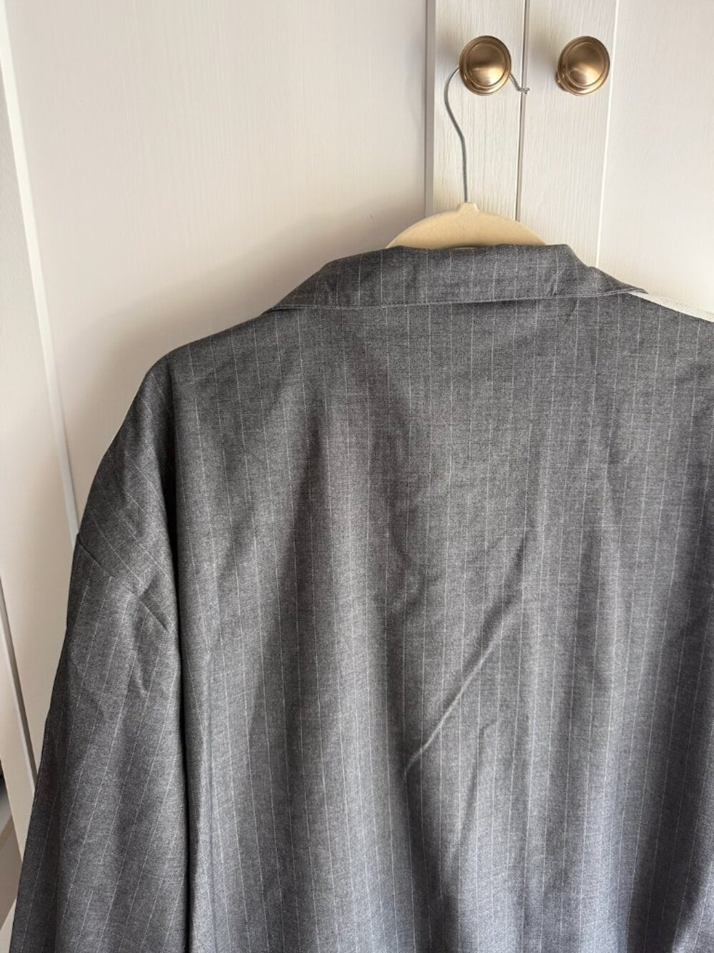 adidas Originals Gray Pinstripe Track Varsity Jacket with White Stripes - Picture 6 of 9